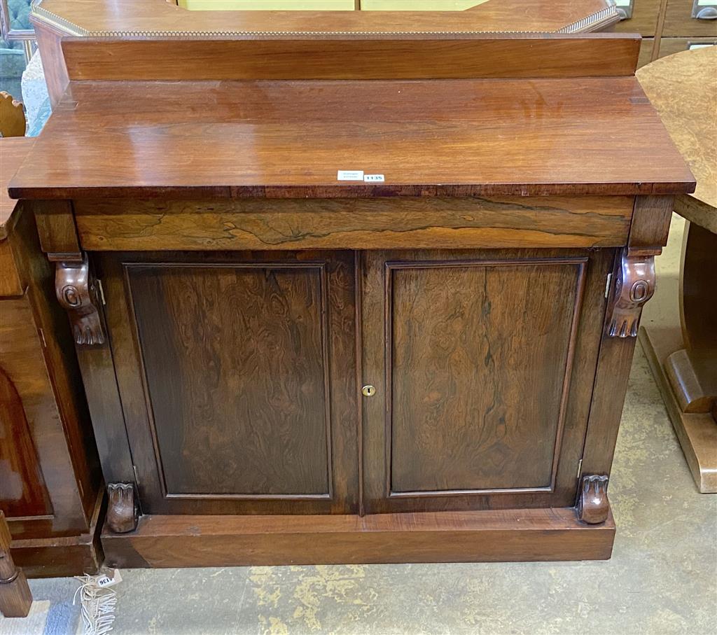 A Victorian rosewood chiffonier (lacking superstructure), width 107cm, depth 44cm, height 100cm